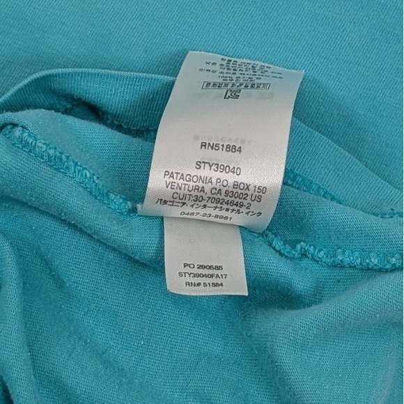 Patagonia Shop Sticker Long Sleeve Tee Mens Medium Turquoise Organic Cotton - Picture 8 of 9
